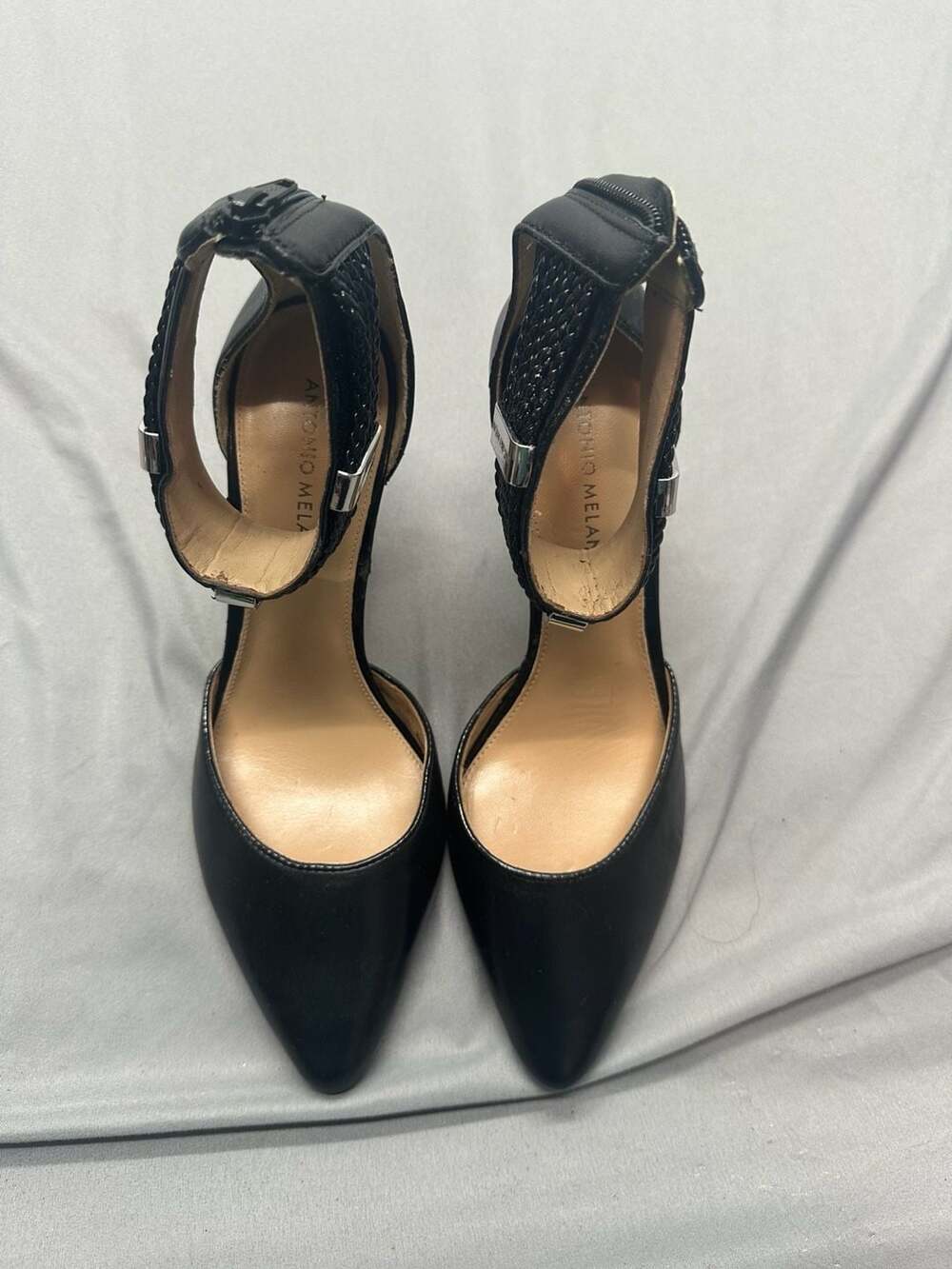 Antonio Melani Black Leather Pointed Toe Ankle Strap Heels Size 10M